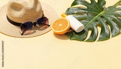 Summer Travel Essentials on Yellow Background with Tropical Leaf and Hat