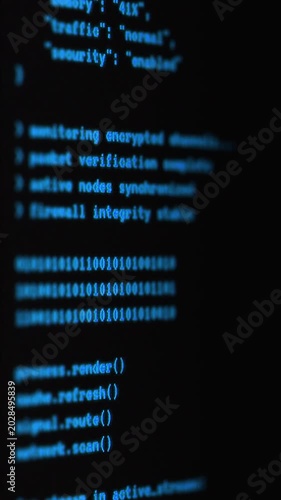 Animated terminal style code with blue text on dark background. Abstract programming and cybersecurity concept for technology visuals and digital media.