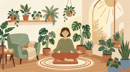 Photos Peaceful woman meditating surrounded by lush green houseplants in a sunlit room,