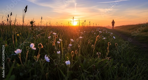 Runner in field at sunset golden hour silhouette active lifestyle wellbeing