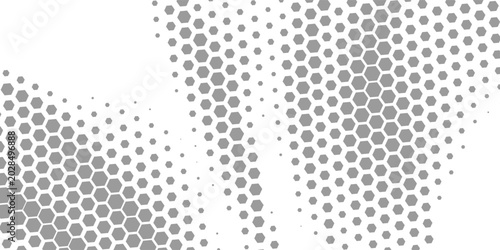 Hexagon halftone gradient texture. Abstract black grunge background. Geometric retro halftone tech overlay. Fading wavy hexagonal pattern backdrop. Vector vanishing honeycomb grunge bitmap wallpaper