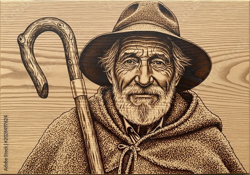 Pyrography art of elderly shepherd man portrait in hat with wooden staff on wood board