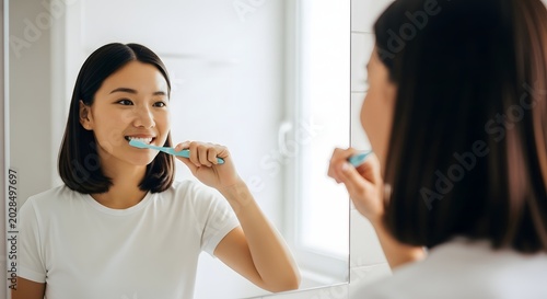 Young woman brushing teeth in front of mirror