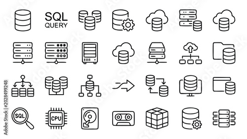 Set of Database and Server Line Icons Featuring SQL Qery, Cloud Storage, Hostin, Network Infrastructure, ata Backup, CPU, Hard Driv, Load Balancing, Cache, ad Server Rack Vector Illusrations