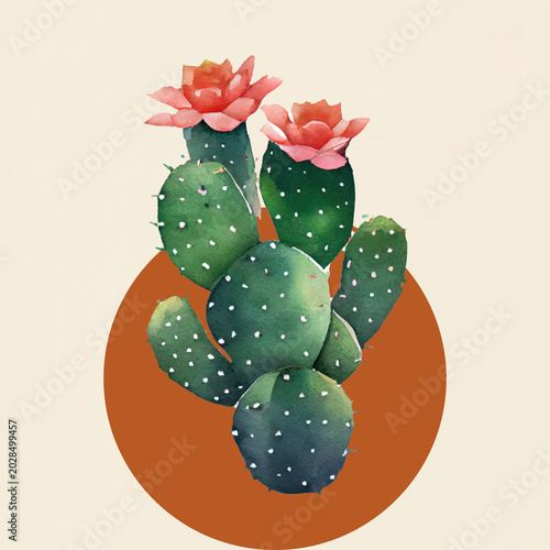 Watercolor Blooming Cactus with Pink Flowers on Terracotta Circle Background