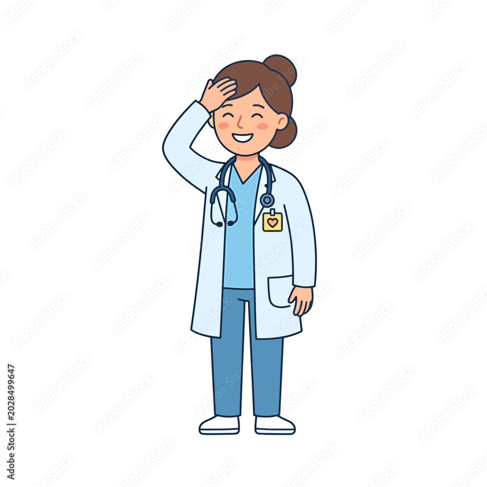 Fototapeta premium A cheerful female doctor in a white coat with a stethoscope around her neck, smiling and touching her forehead with her hand