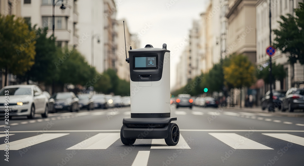 Fototapeta premium Autonomous delivery robot crossing a city street on a pedestrian crosswalk