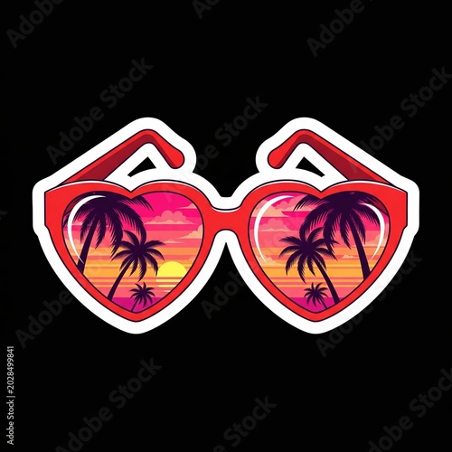 Red heart shaped sunglasses sticker with tropical palm tree sunset reflection on lenses
