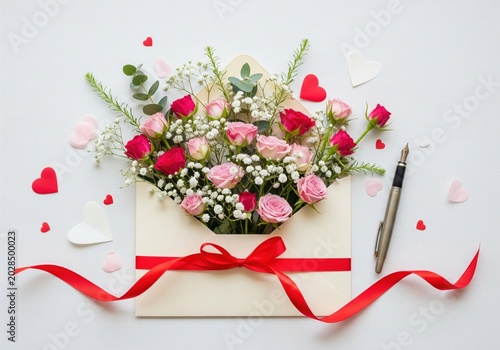 Beige envelope full of pink and red roses with red ribbon and hearts on white background