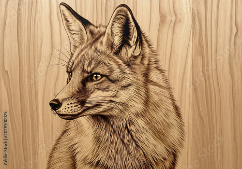 Detailed pyrography wood burning art of fox head portrait on light wooden texture board