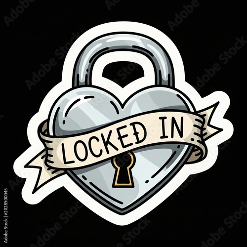 Silver heart shaped padlock sticker with ribbon and locked in text on black background