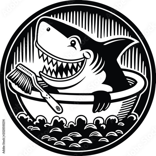 Tablou pe pânză Shark, cartoon shark, black and white, vector icon, toothbrush, bathroom, monoch