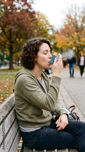 Woman using inhaler for asthma attack in park