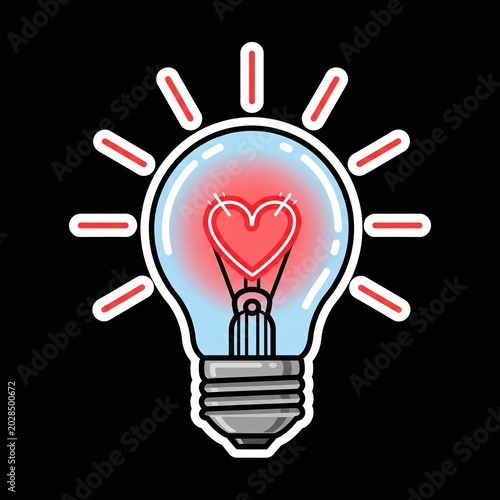 Bright glowing light bulb sticker with red heart shaped filament inside on black background
