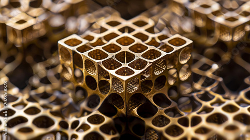 A photo of a minuscule multidimensional lattice structure with intricate patterns etched into each cell. acoustic metamaterial has designed to selectively absorb