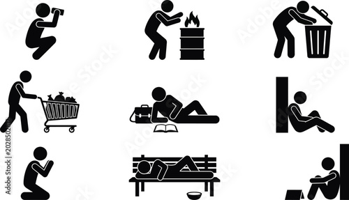 Collection of stick figure icons representing various social situations and activities in a simple black and white vector illustration style