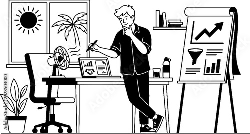 Remote worker analyzing business charts in tropical office setting