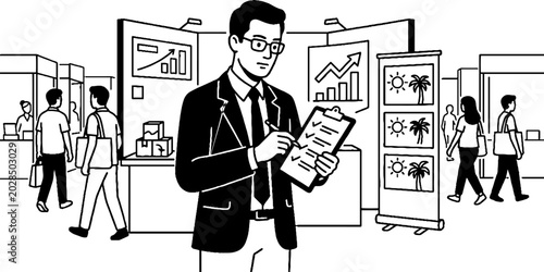 Event coordinator with checklist at business trade show exhibition
