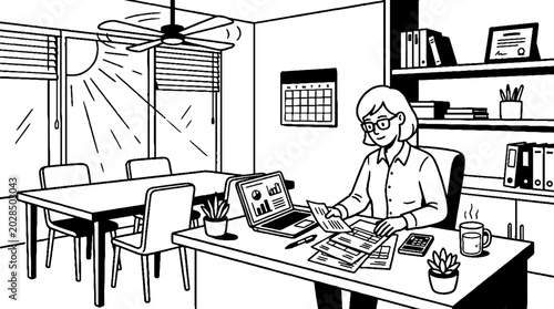 Businesswoman reviewing financial reports at office desk