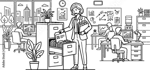 Office worker organizing documents in a filing cabinet