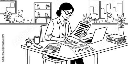 Businesswoman reviewing financial reports at office desk