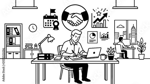 Businessman working at desk with success and growth icons