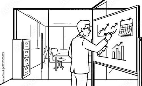 Businessman tracking performance metrics on office whiteboard