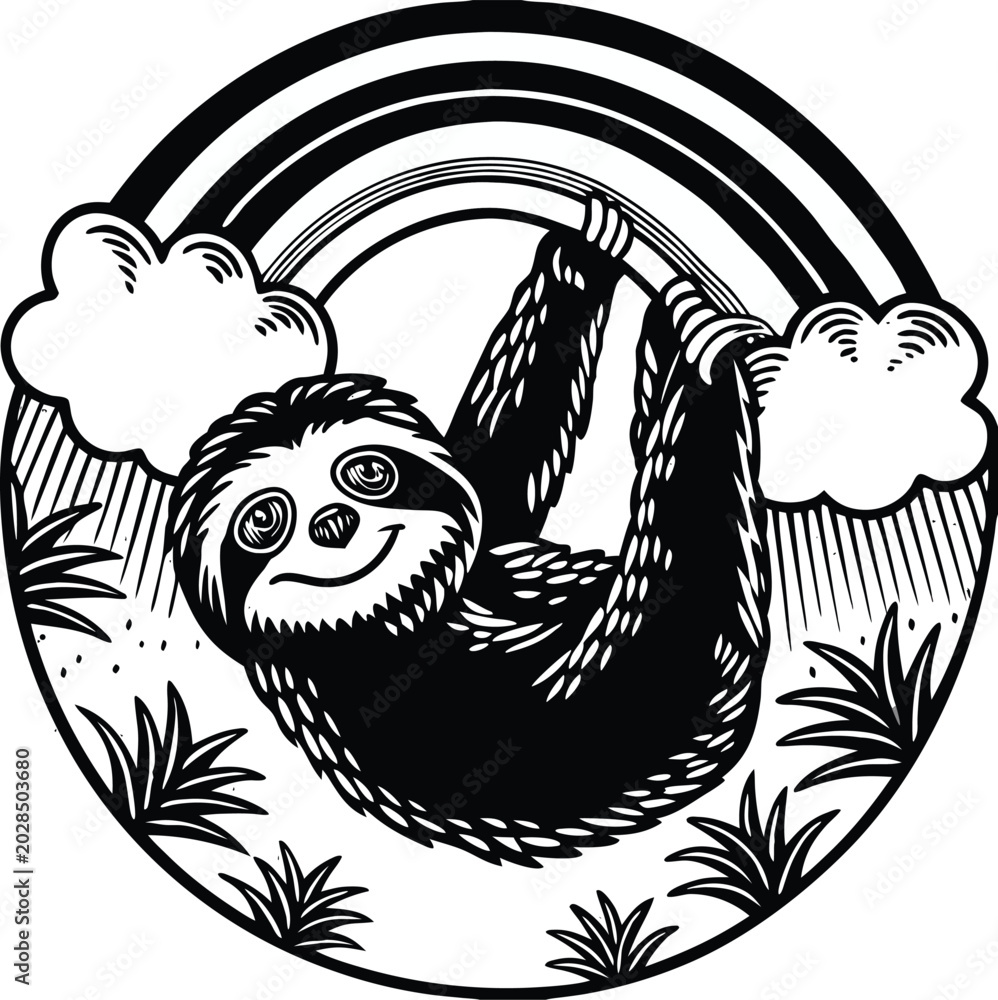 Fototapeta premium Black and white sloth hanging from rainbow, tropical vector illustration, monochrome animal design, cute mammal icon