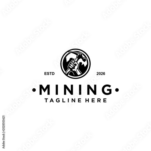 A vintage, masculine, and industrial style mining logo with a solid monochrome design.