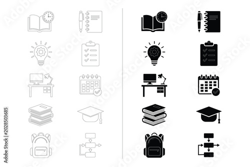 Back to School Education Icons Set - Study Planner, Learning, Graduation, Productivity and Academic Line & Glyph Icons