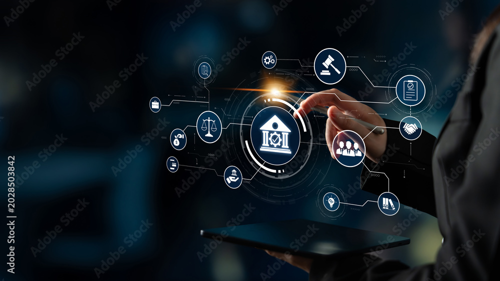 Obraz premium Futuristic digital law interface displaying justice scale, highlighting digital law, AI compliance, digital law systems, and digital law regulations for secure governance. Spline