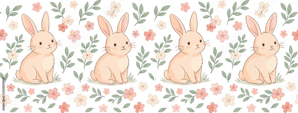 Naklejka premium Seamless pattern with cute bunny rabbits flowers and leaves spring cartoon vector illustration background design