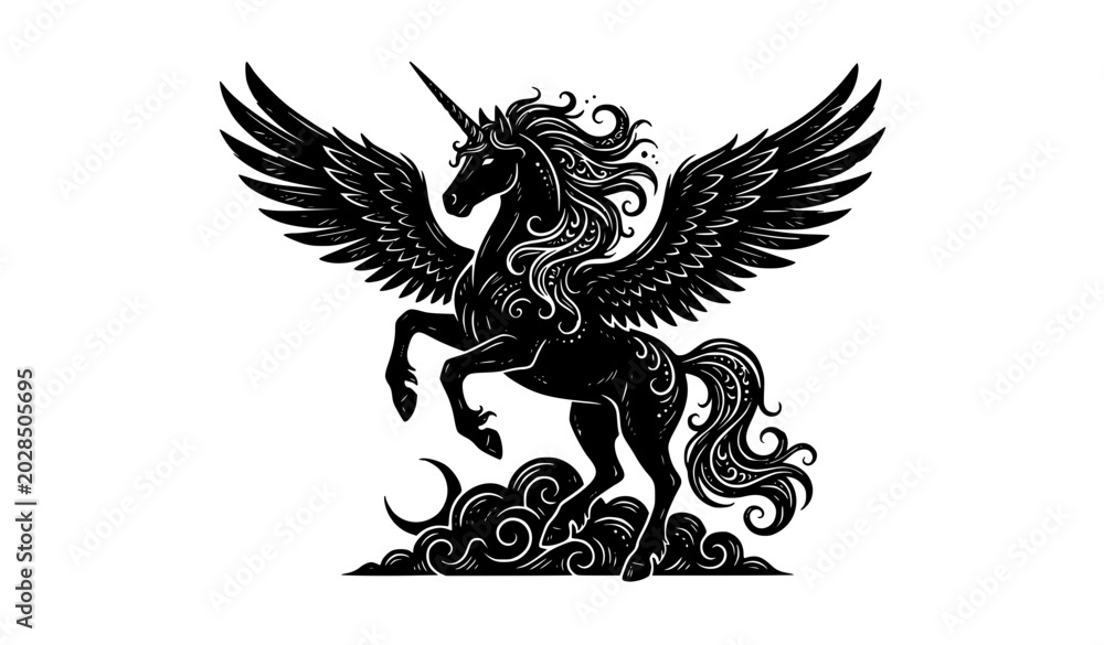 Naklejka premium Mythical Winged Unicorn Silhouette Vector Sketch Illustration Fantasy Animal Design