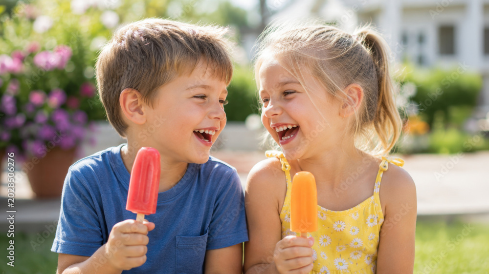 Fototapeta premium Happy little boy and girl enjoying colorful ice cream popsicles outdoors on sunny summer day, joyful childhood friendship portrait