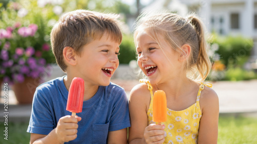 Happy little boy and girl enjoying colorful ice cream popsicles outdoors on sunny summer day, joyful childhood friendship portrait