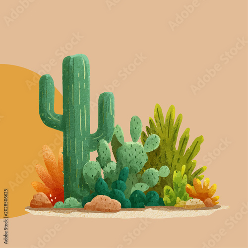 Flat Illustration of Desert Cactus and Succulent Plants on Sandy Ground