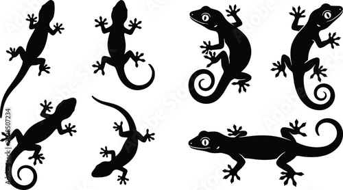 Black gecko lizard silhouettes collection featuring tropical reptiles in various crawling positions isolated on white background for commercial design