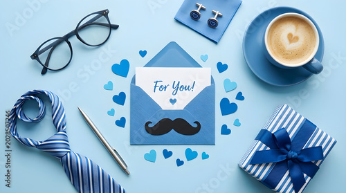 Fathers day gift concept with blue tie coffee and glasses envelope celebration cufflinks mustache appreciation gratitude lifestyle professional gentleman parenting surprise decoration
