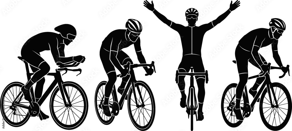 Obraz premium Road Bicycle Racing Silhouette Vector Icon Set with Professional Cyclist Triathlete Sprinting and Celebrating Victory at Finish Line