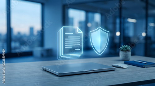Digital compliance documents and security shield hologram above laptop in a modern blue office space