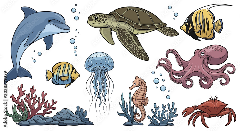 Fototapeta premium Colorful ocean creatures and coral reef.