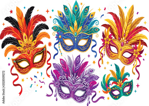 Photos Colorful carnival masquerade masks vector collection, featuring ornate festive p