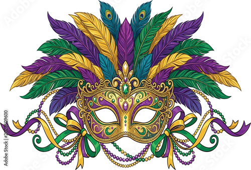 Ornate Mardi Gras masquerade mask vector illustration, featuring festive purple green gold feathers, ribbons, and beads strings