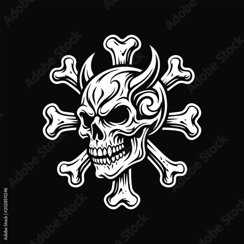 Decorative Horned Skull with Crossed Bones Gothic Design on Black Background