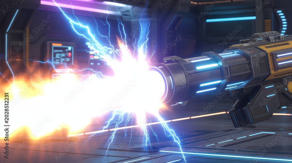 Fototapeta premium Futuristic Laser Weapon Shooting Electric Energy with Lightning Effects