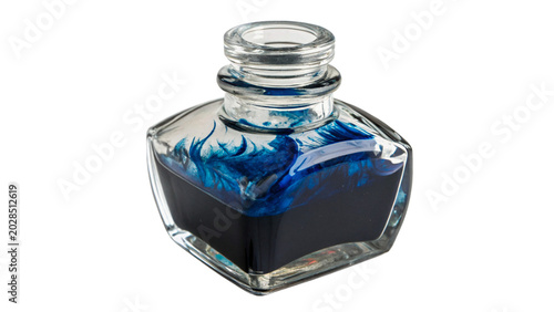 Fotografie A classic glass inkwell bottle filled with dark blue liquid ink calligraphy writ