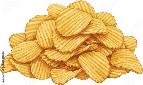 Konstfotografi Crispy ridged potato chips pile vector illustration, featuring a large heap of g