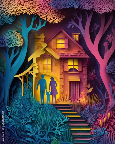 Paper-cut art style showing a family in a house, vibrant colors
