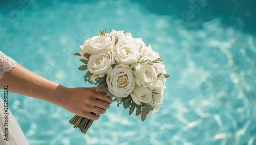 Bride holding white rose wedding bouquet against sparkling blue swimming pool water background, sunny day