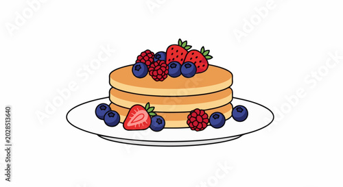 Stacked golden pancakes topped with fresh strawberries, blueberries, and raspberries